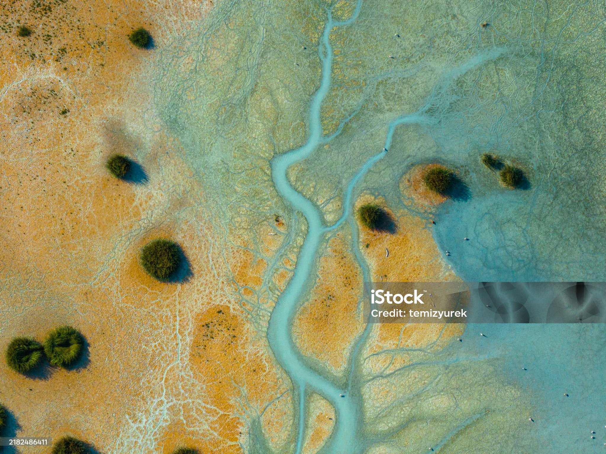 Aerial view of beautiful natural shapes and textures on Yarisli (Yarışlı) Lake in Burdur, Turkey. Taken via drone.